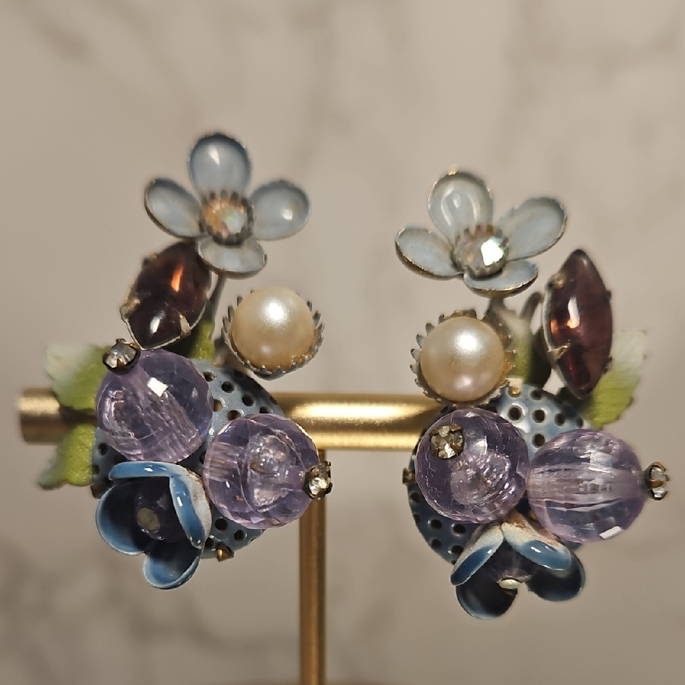 Vintage Floral Pearl and Purple Crystal Earrings